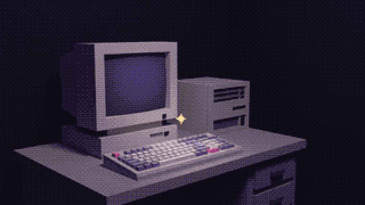 A dim room with a beige CRT and keyboard on a desk, a small four-pointed gold spark hovering over the keys