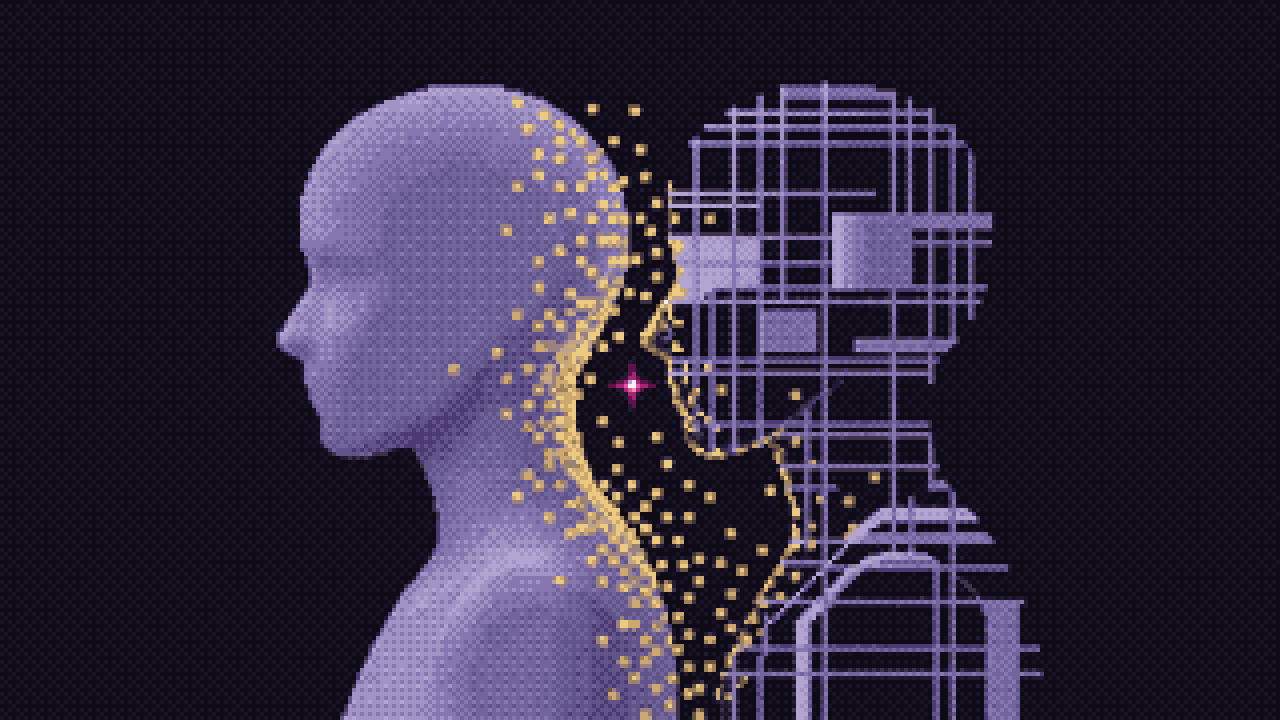 Two profiles facing each other, gold pixels flowing one way from the human head into a wireframe lattice
