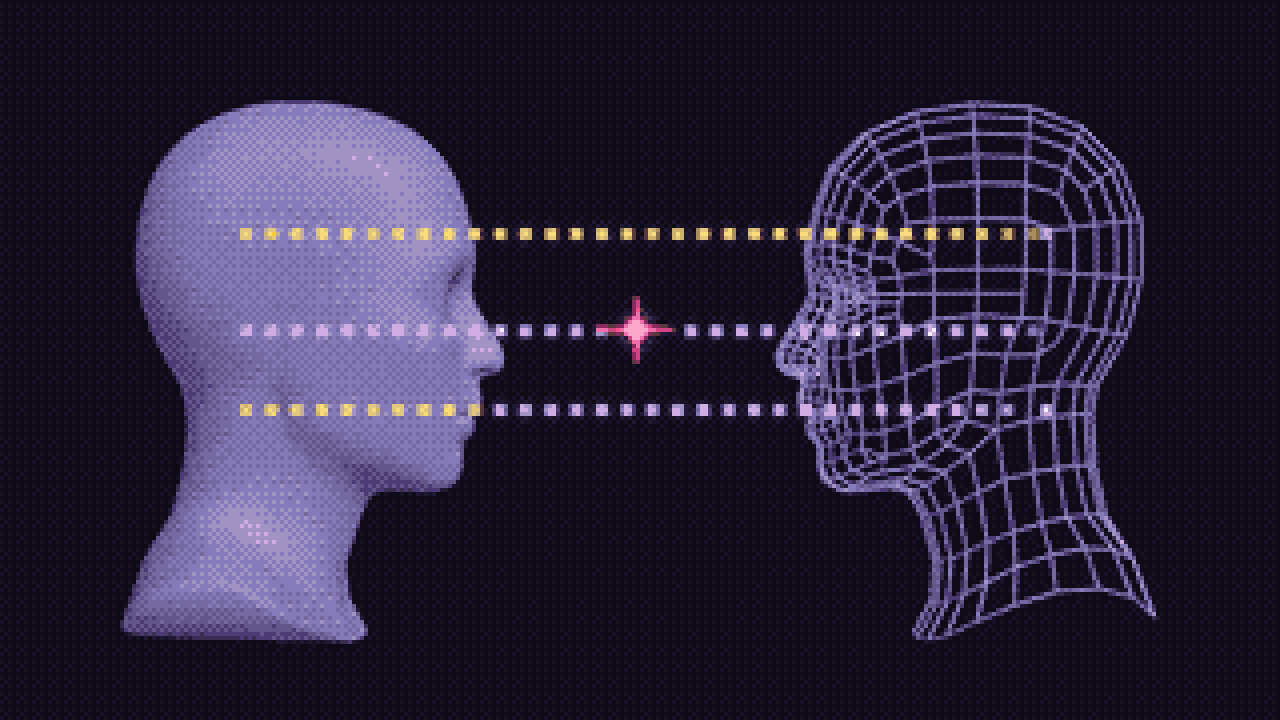 Two intact profiles joined by two mirrored pixel streams that cross at a small pink spark