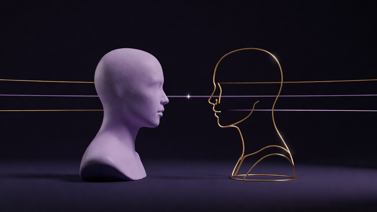 Two clay busts in profile, the right one rendered as glittering facets instead of a wireframe