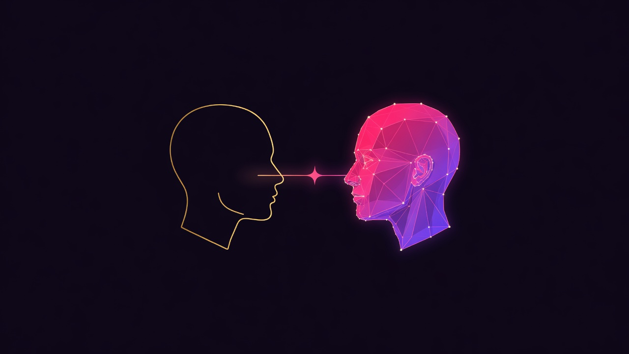 A flat gold line profile facing a low-poly pink and violet mesh head with soft bloom