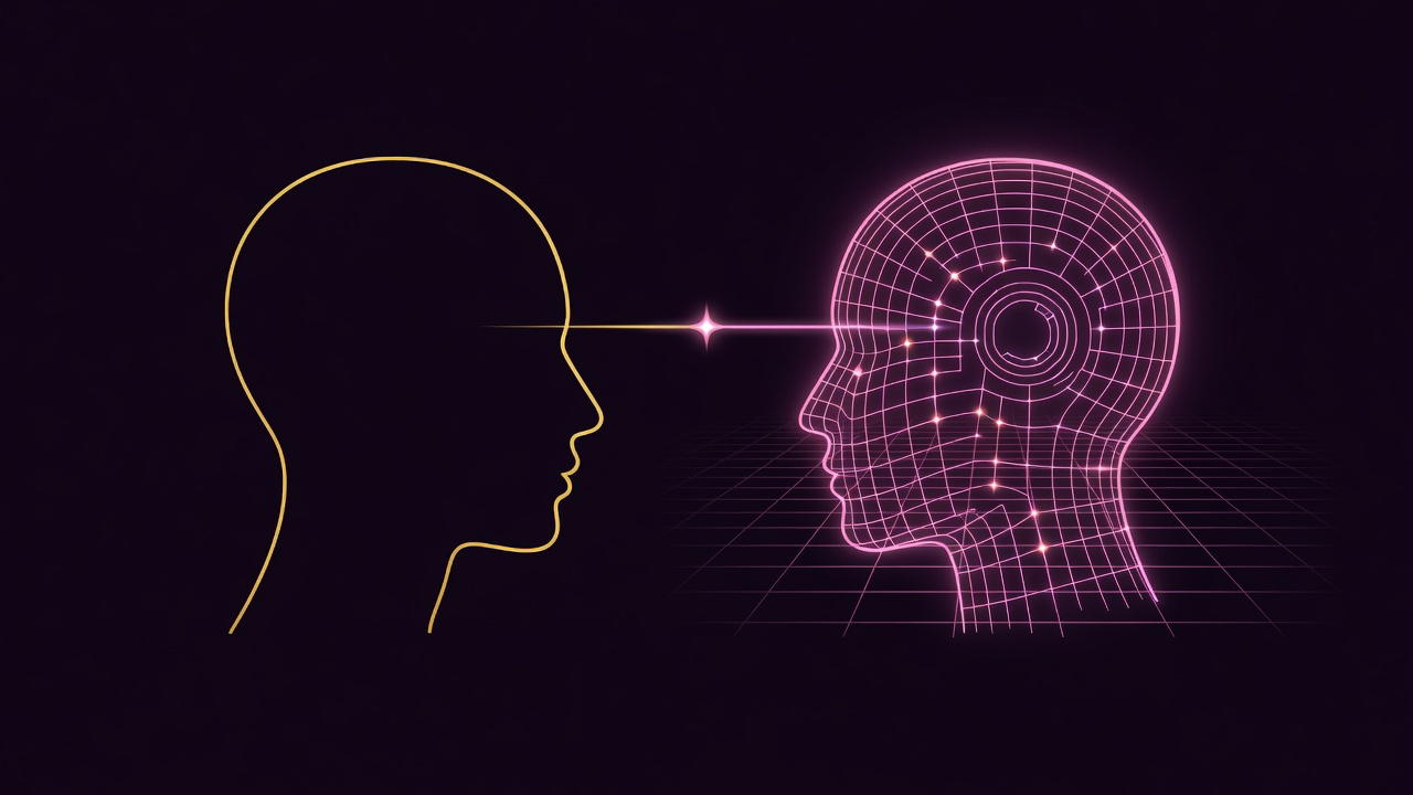 A gold line profile facing a neon wireframe head with a synthwave horizon grid behind it