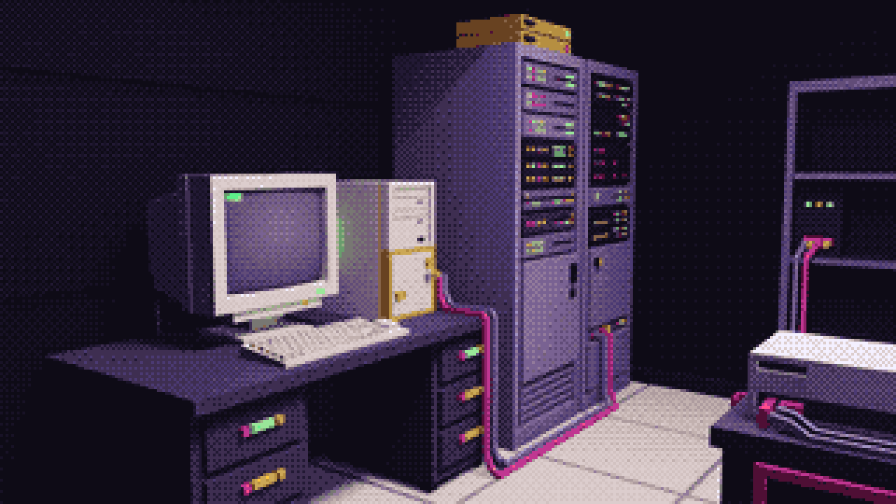 A CVE email turned into a cleanup day Pixel art of a dim room with a beige CRT and tower PC on a desk, a server rack behind them, pink cabling across the floor